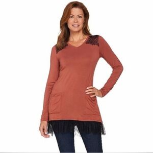 LOGO by Lori Goldstein Rust Top with Black Lace